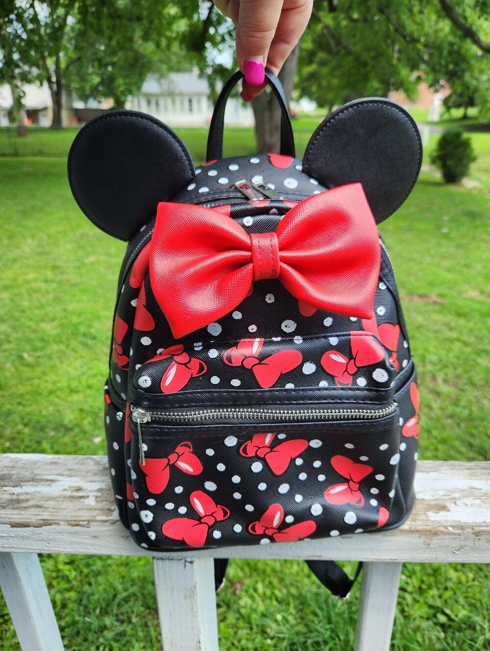 Disney Minnie Mouse black polka dot mini backpack featuring 3D mouse ears EUC - Picture 1 of 10